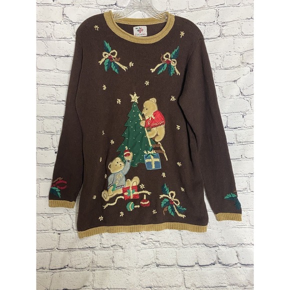 Nutcracker Sweaters - Vtg Nutcracker Brown Embroidered Ugly Christmas Tree Bear Sweater Women's LARGE